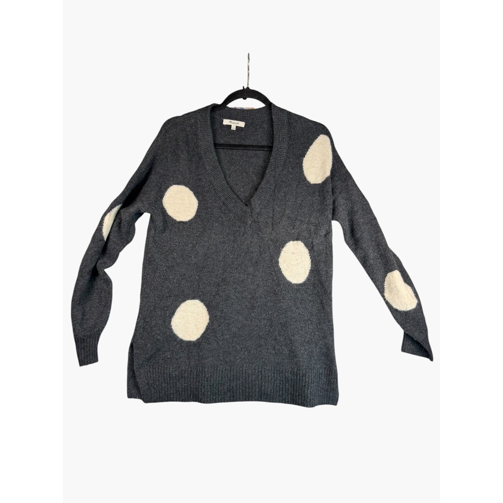 Madewell Polka Dot V-Neck Sweater Gray Merino Wool Alpaca Blend Womens Small